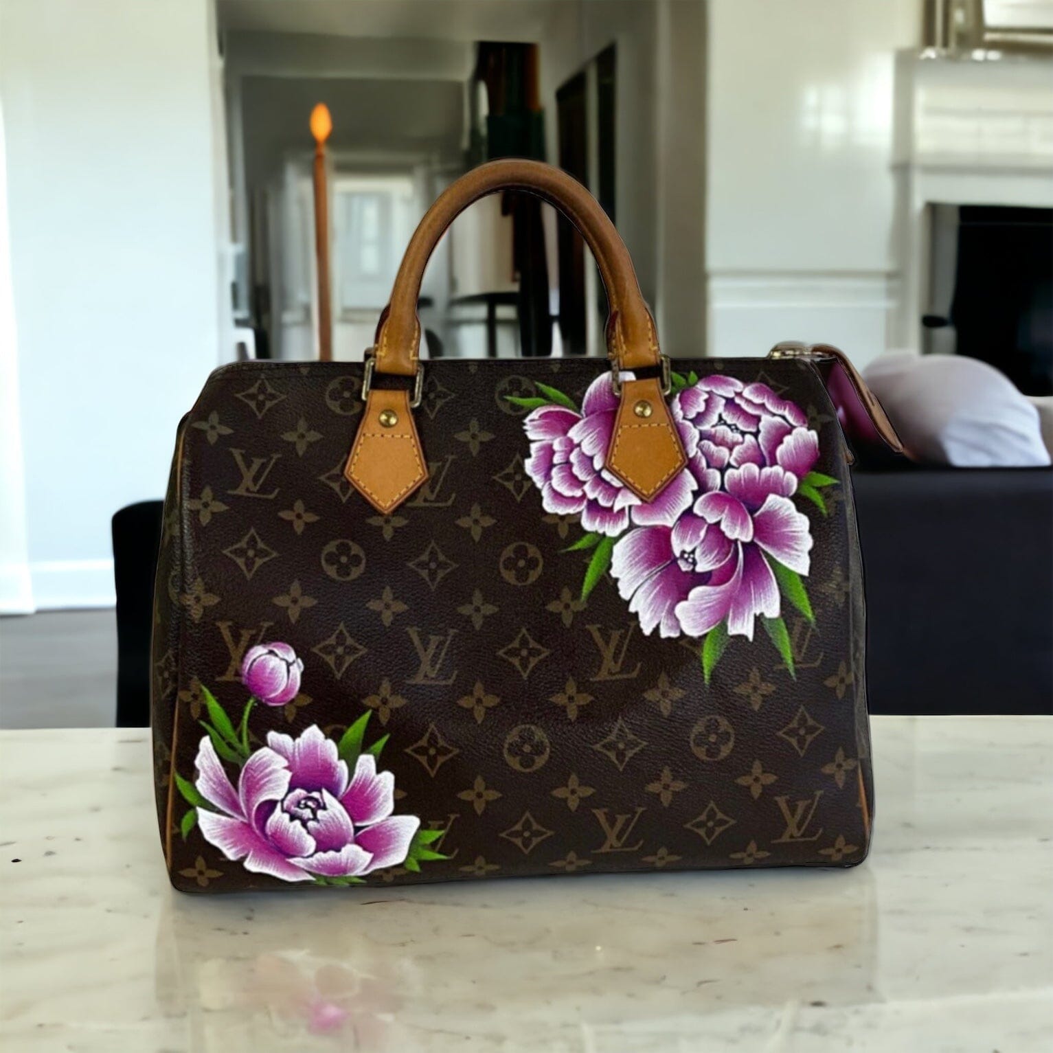 Custom Art on YOUR LV Louis Hand Painted Handbag Purse Flower 
