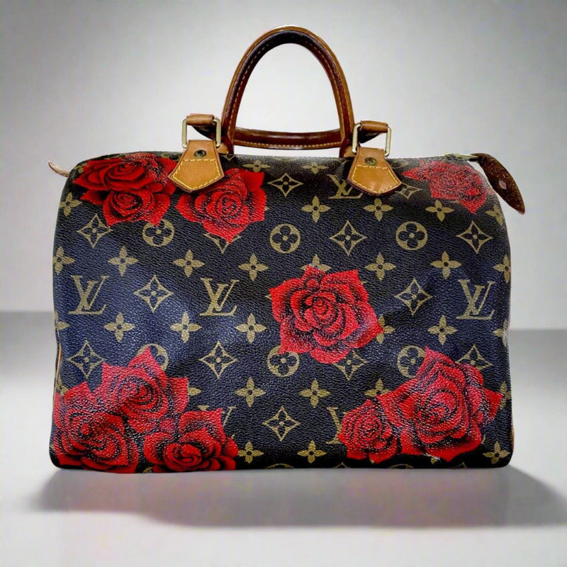 Louis Vuitton Speedy 30 Women's Authentic Pre Owned Custom Painted Handbag Dual Top Handles Brown, Red Luxury Monogram Canvas