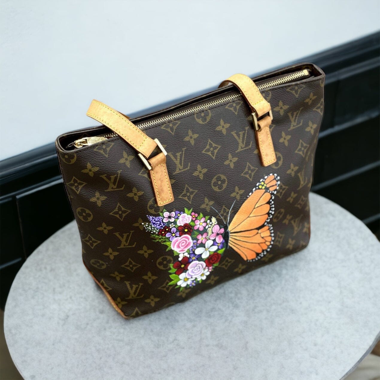 Louis Vuitton Cabas Mezzo Women's Authentic Custom Painted Handbag Dual Top Handles Brown, Yellow Luxury Monogram Canvas