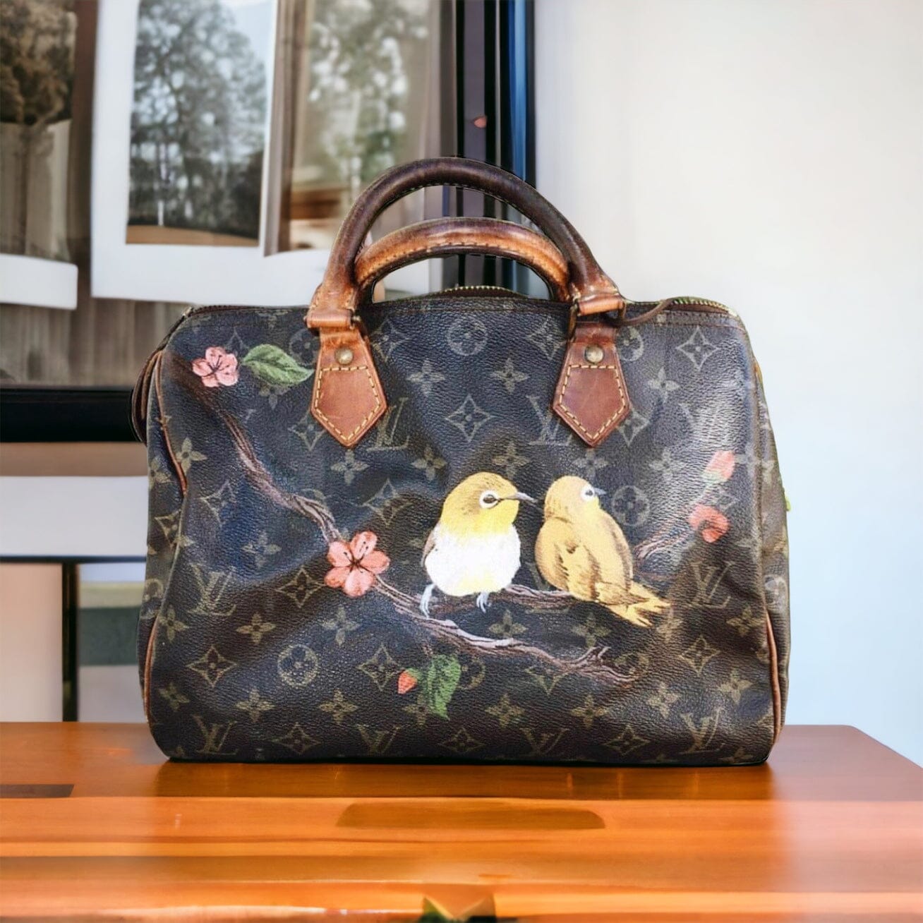 Louis Vuitton Speedy Women's Authentic Pre Owned Custom Painted Handbag Dual Top Handles Black, Yellow Luxury Monogram Canvas