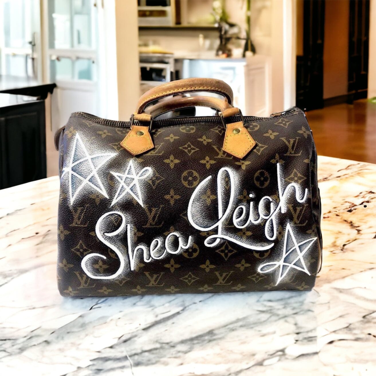 Louis Vuitton Speedy 30 Designed by Shealeigh Mills Women's Authentic Pre Owned Custom Painted Dual Top Handles Brown, White Luxury Monogram Canvas