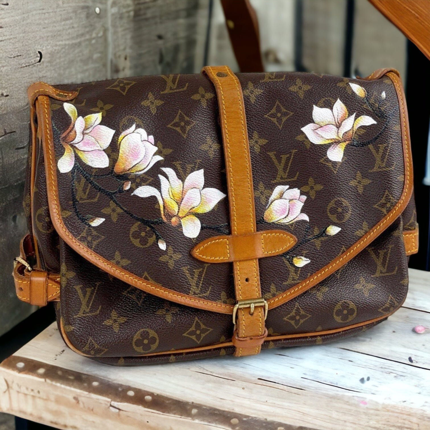 Louis Vuitton Saumur Women's Authentic Pre Owned Custom Painted Crossbody Bag Adjustable Strap Brown, Yellow Luxury Monogram Canvas