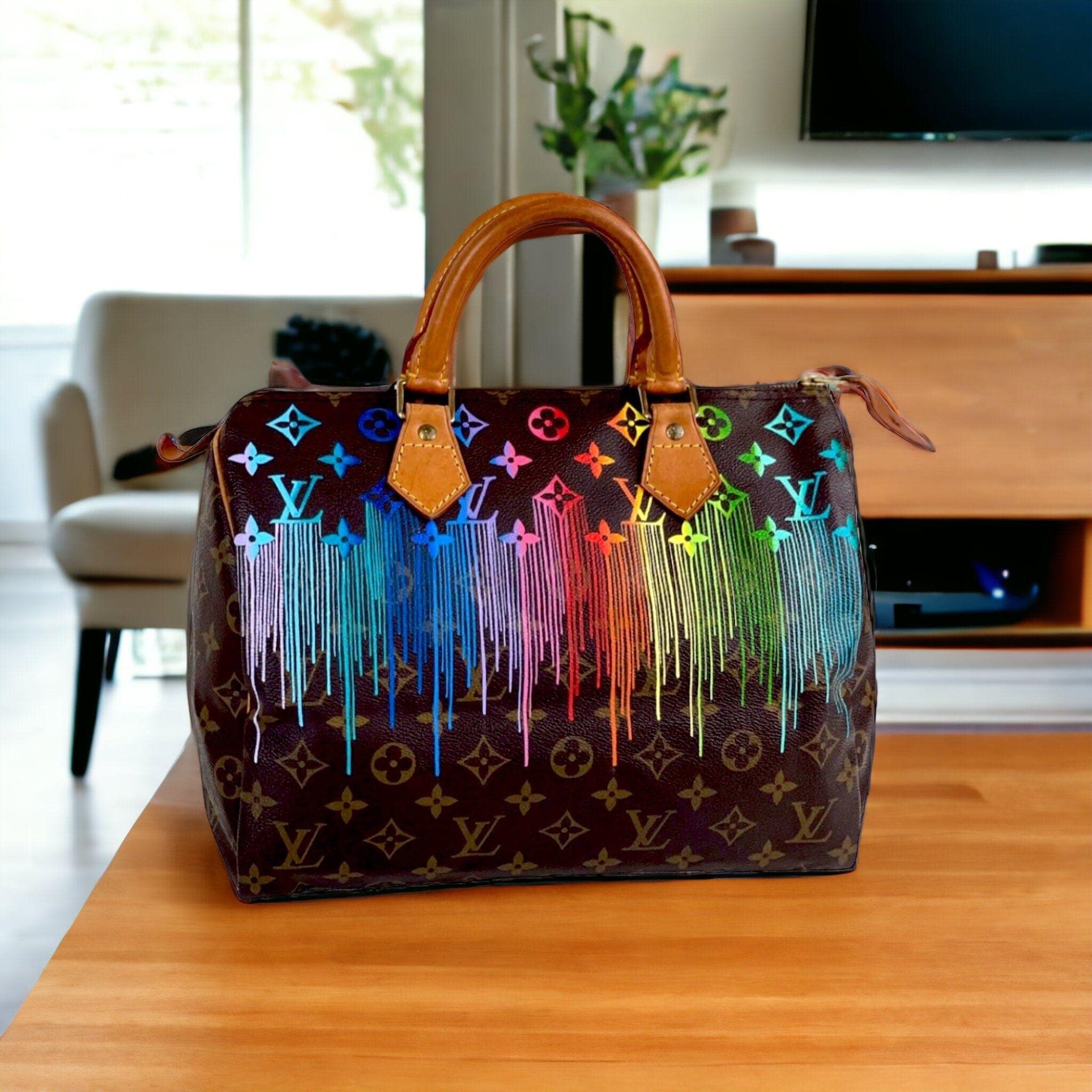 Hand Painted Vintage Louis Vuitton Speedy 30 Rainbow Reflection Artwork New Vintage Handbags