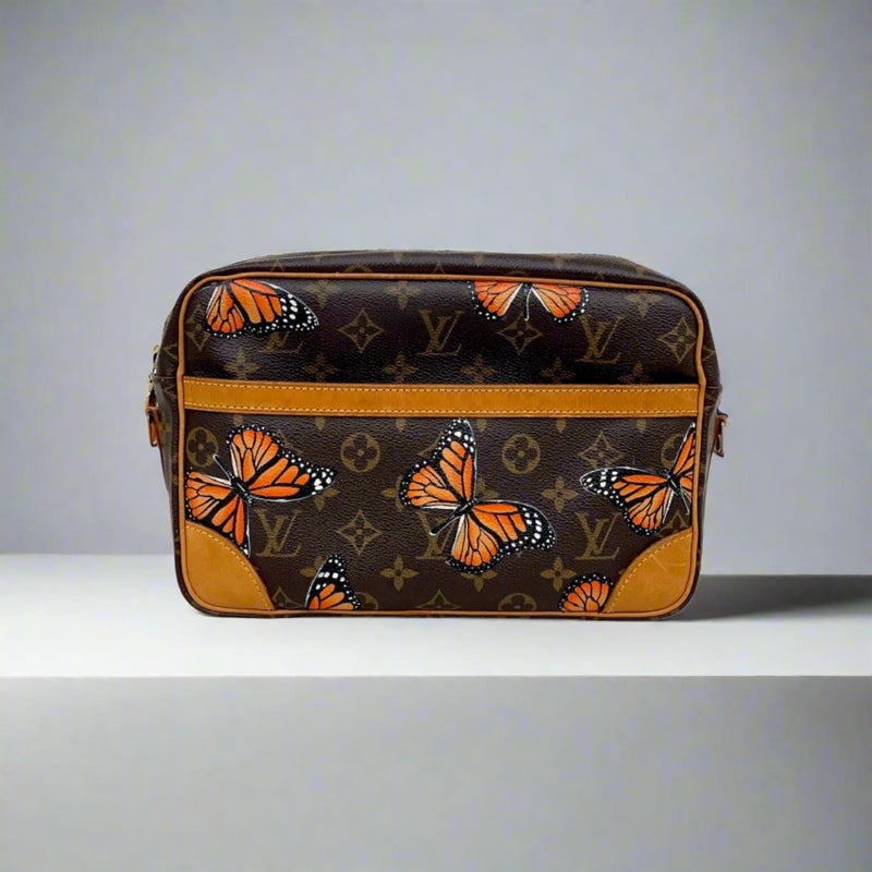 Louis Vuitton Trocadero Women's Authentic Pre Owned Custom Painted Crossbody Bag Brown, Orange Luxury Monogram Canvas