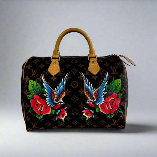 CUSTOM TATTOO leather handbag purse pocketbook painted hand painted tote  rose